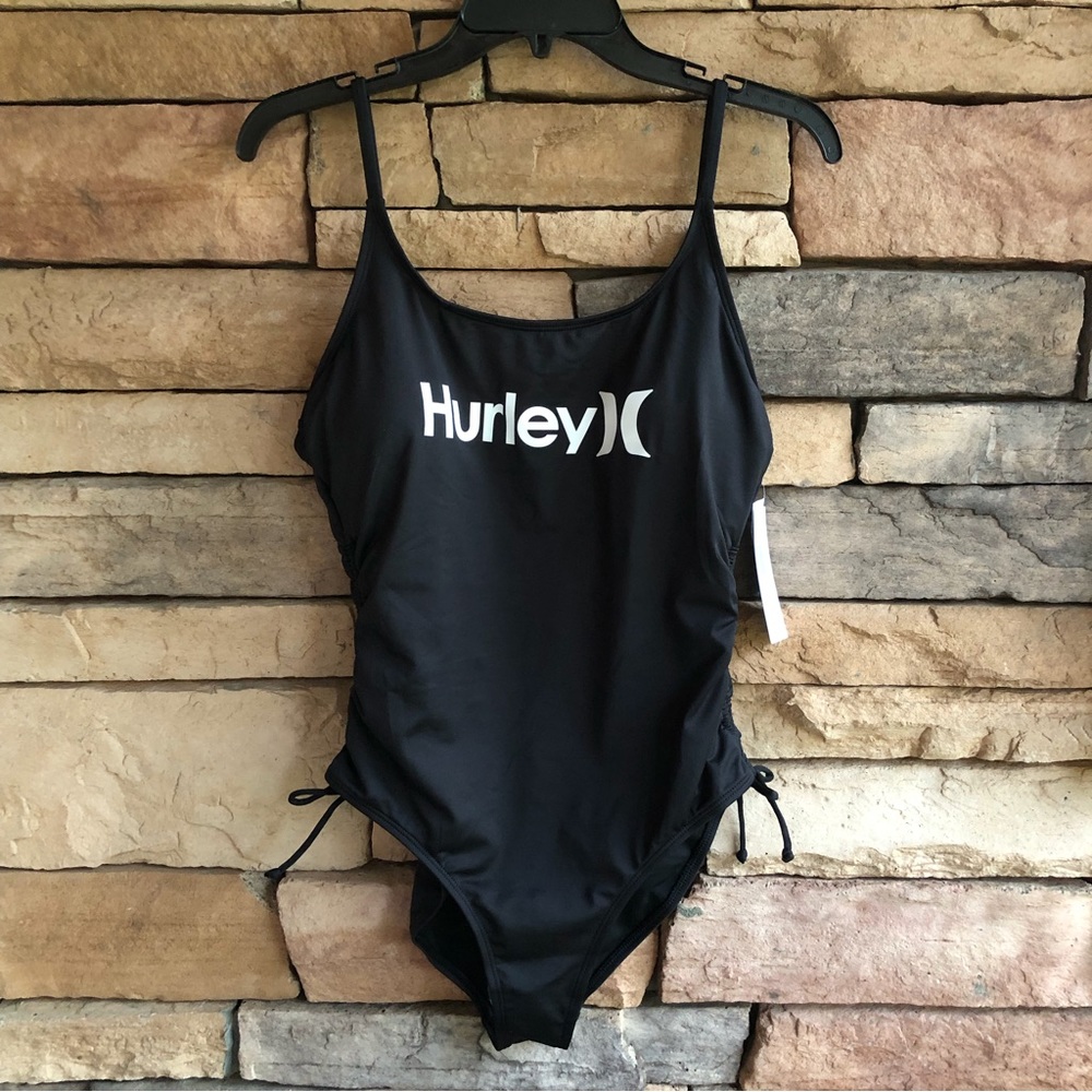 Hurley black white logo one piece side cinch swimsuit NWT Women S, XL